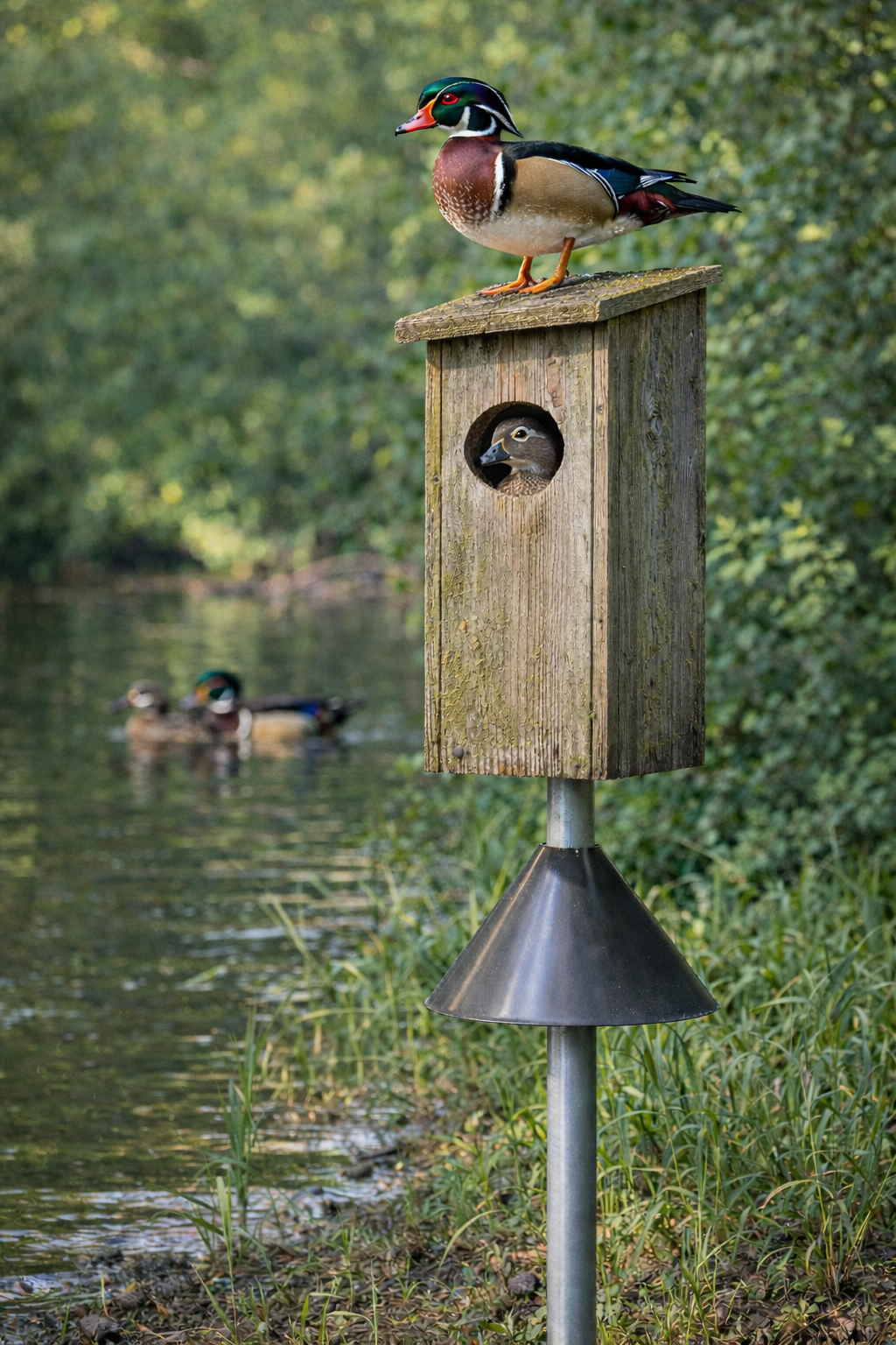 Male wood duck at a mounted nesting box over water